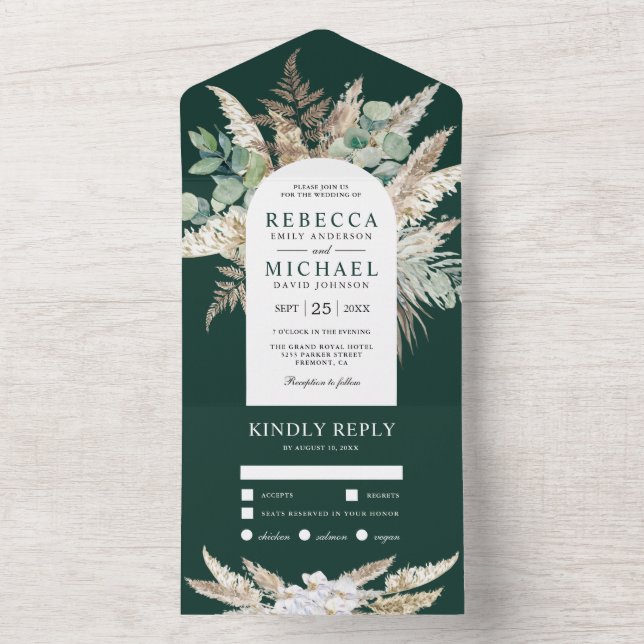 Pampas Eucalyptus Arch Emerald Green Wedding All In One Invitation (Inside)