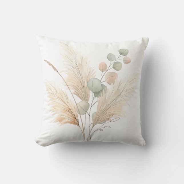 Pampas & Eucalyptus Boho Minimalist Botanical Patt Throw Pillow (Front)