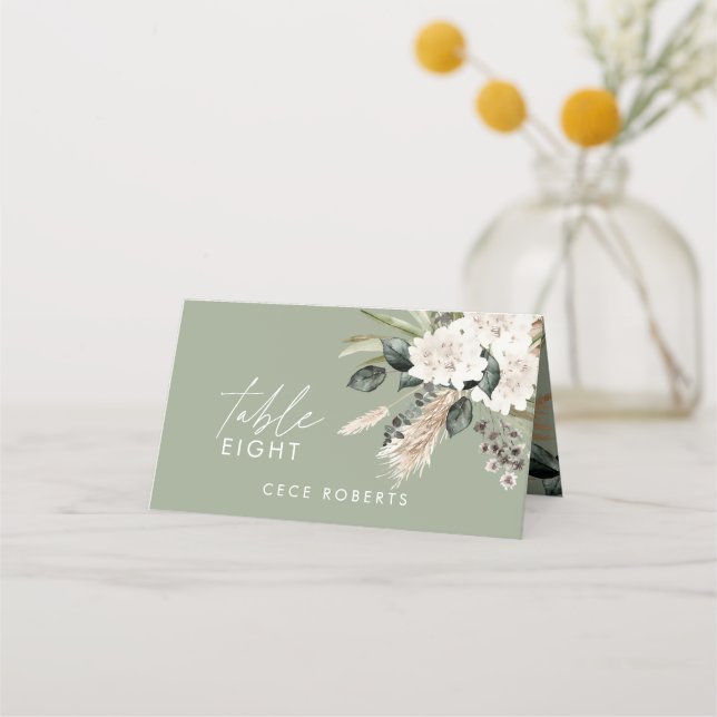 Pampas eucalyptus sage green modern rustic wedding place card (Front)