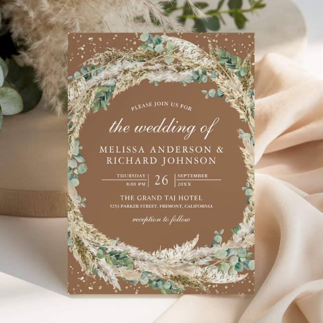 Pampas Eucalyptus Wreath Beige Tan Wedding Invitation (Creator Uploaded)