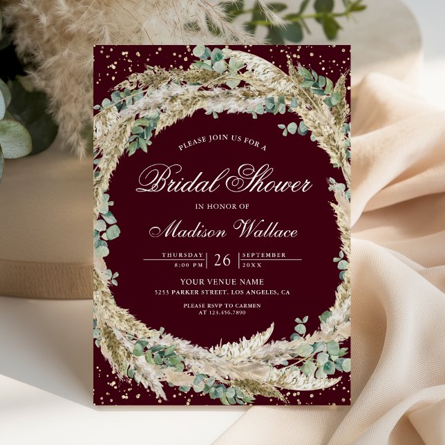Pampas Eucalyptus Wreath Burgundy Bridal Shower Invitation (Creator Uploaded)