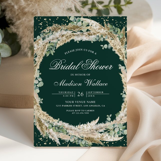 Pampas Eucalyptus Wreath Emerald Bridal Shower Invitation (Creator Uploaded)