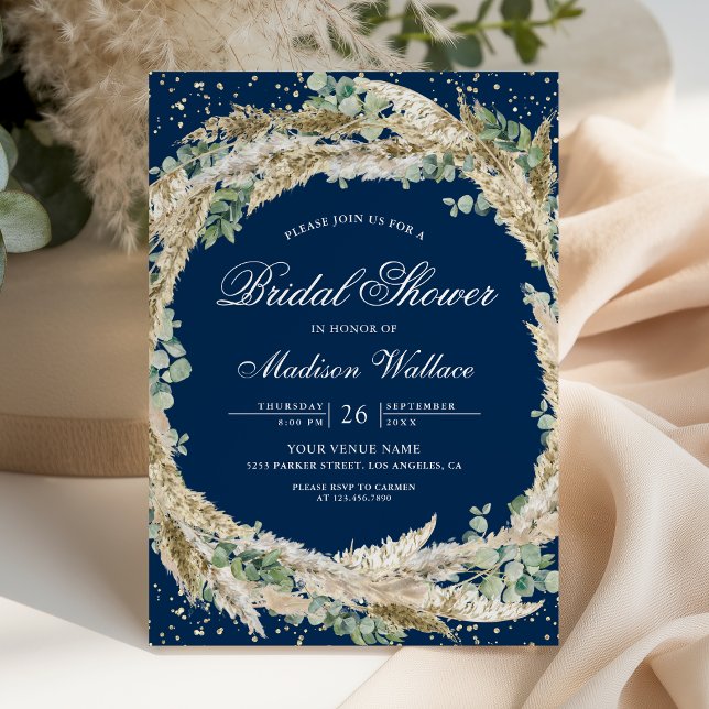 Pampas Eucalyptus Wreath Navy Blue Bridal Shower Invitation (Creator Uploaded)