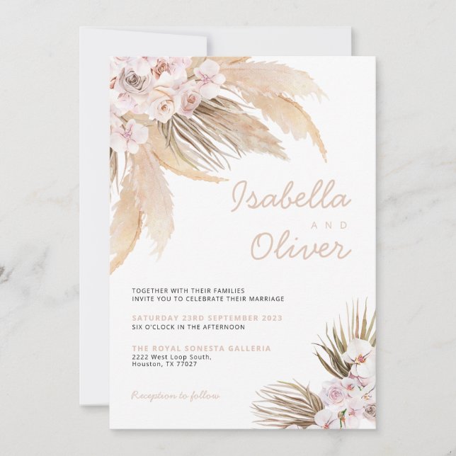 Pampas Faire-part de mariage boho beige (Devant)