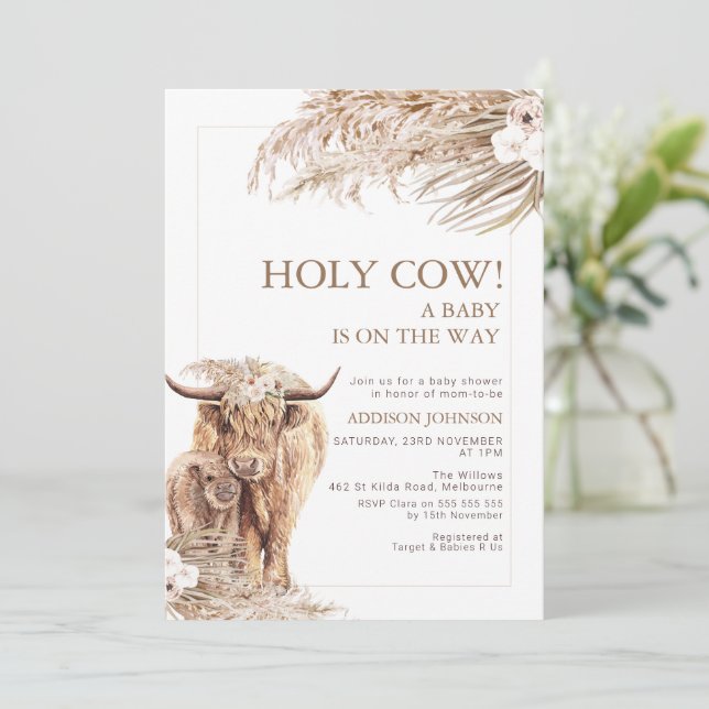 Pampas Floral Highland Cow Calf Baby Shower Invitation (Standing Front)