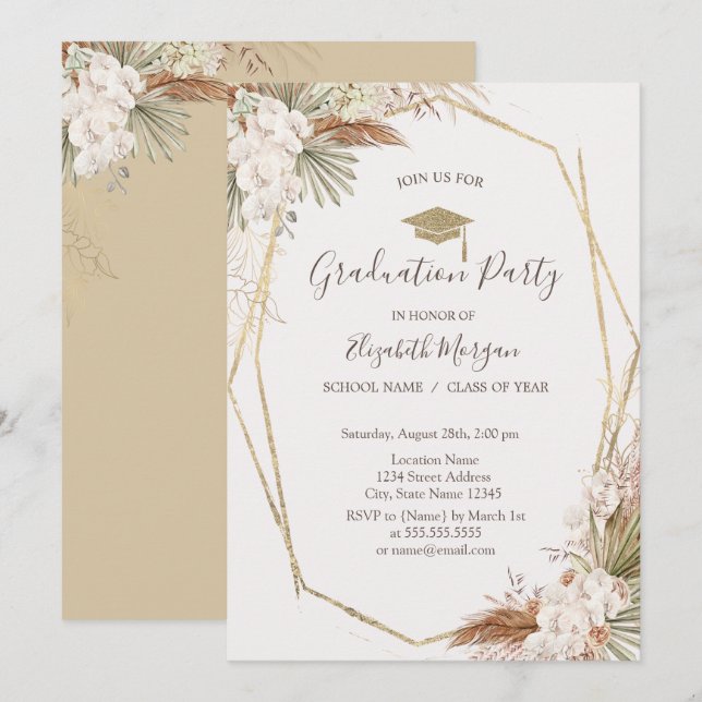 Pampas Flowers,Grad Cap,Graduation  Invitation (Front/Back)