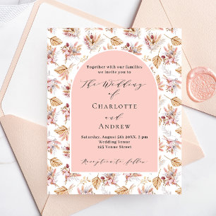 Pampas flowers rose gold budget wedding invitation