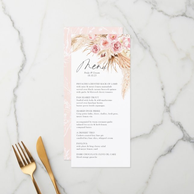 Pampas Gras MOdern Boho BLush PInk Menu card (Front/Back In Situ)