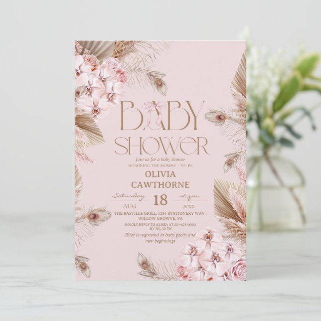 Pampas Grass  and Blush Pink Orchid Baby Shower  Invitation (Standing Front)