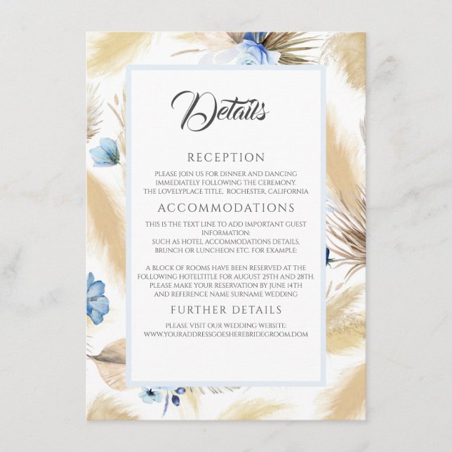 Pampas Grass and Dusty Blue Flower Wedding Details Enclosure Card (Front)