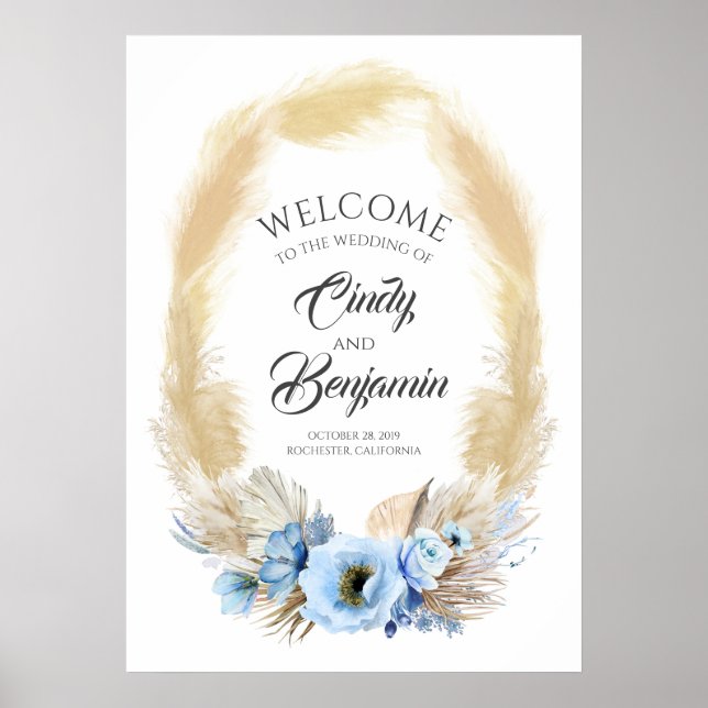 Pampas Grass and Dusty Blue Flower Wedding Welcome Poster (Front)