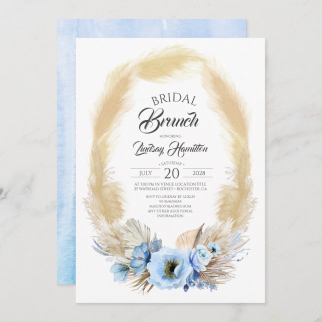 Pampas Grass and Dusty Blue Flowers Bridal Brunch Invitation (Front/Back)