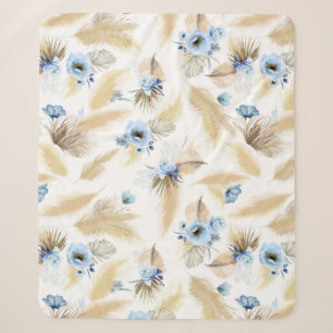 Pampas Grass and Dusty Blue Flowers Tropical Sherpa Blanket