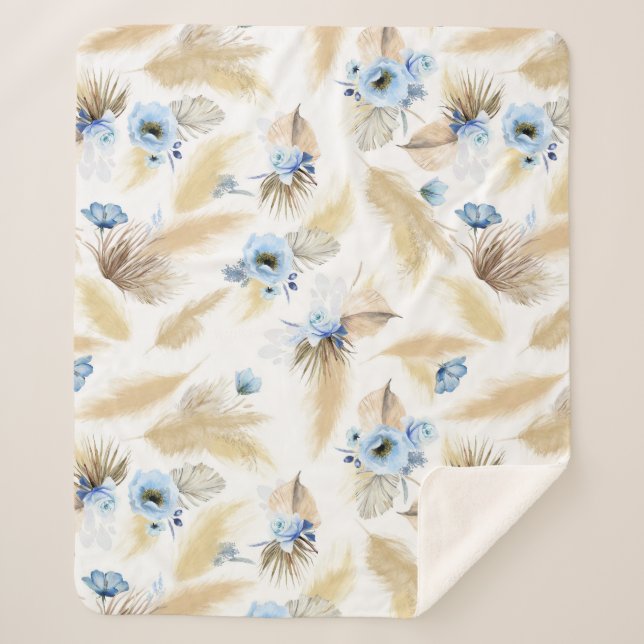 Pampas Grass and Dusty Blue Flowers Tropical Sherpa Blanket (Front)