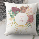 Pampas Grass and Gold Sun Mandala Anniversary Throw Pillow<br><div class="desc">Personalized throw pillow for your wedding anniversary, newlyweds or engagement gift. Design features trendy boho pampas, eucalyptus leaves and foliage in watercolor with a gold sun mandala, radiating love and light. You can personalize with the couple's names on the front and the year or short message on the back such...</div>