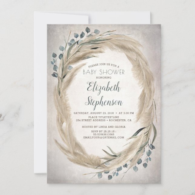 Pampas Grass and Greenery Boho Baby Shower Invitation (Front)
