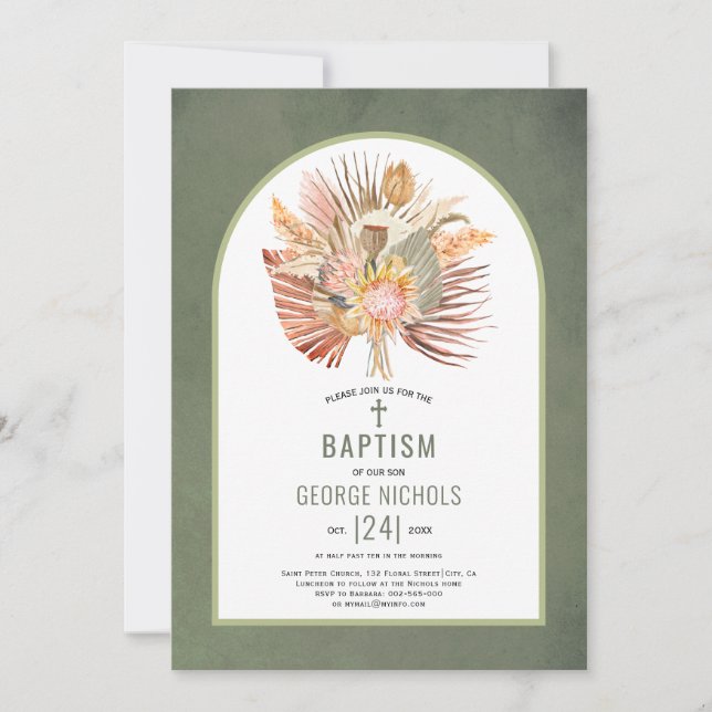 Pampas grass and palm grayish green baptism invitation (Front)