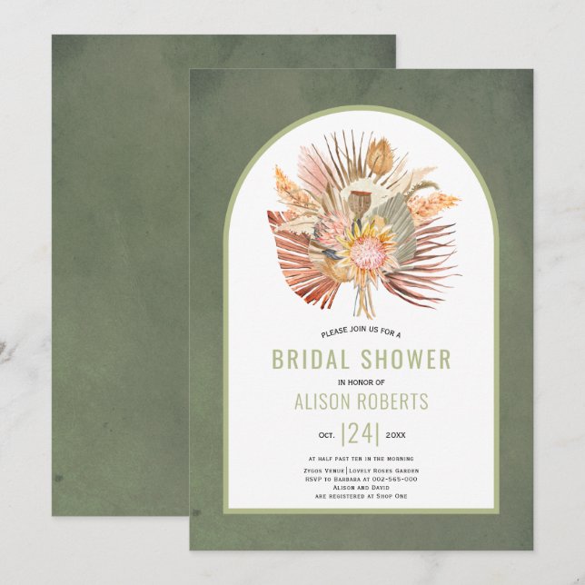 Pampas grass and palm green bridal shower invitation (Front/Back)