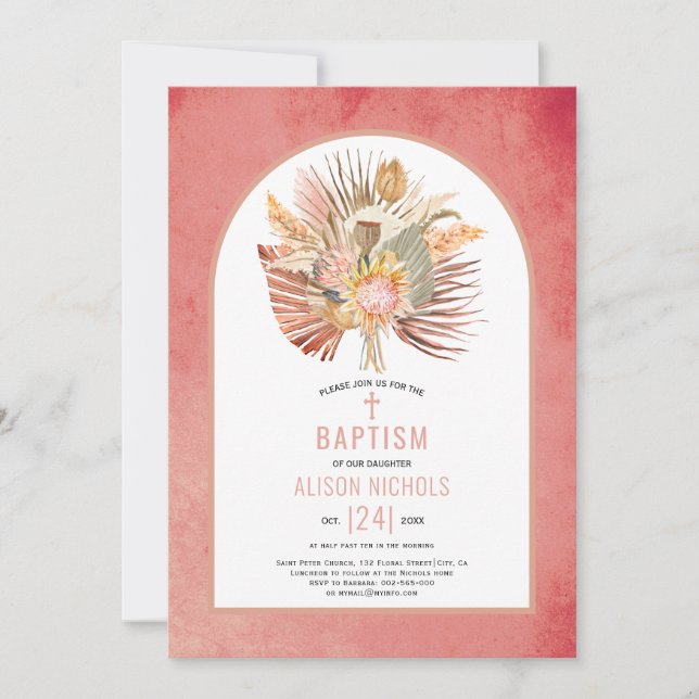 Pampas grass and palm pink baptism invitation (Front)