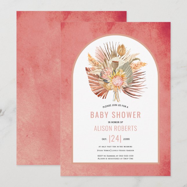 Pampas grass and palm pink girl baby shower invitation (Front/Back)