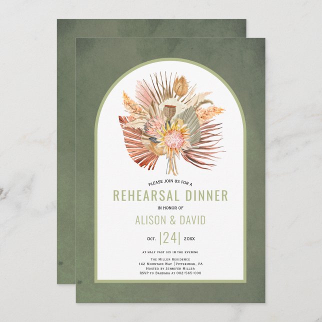 Pampas grass and palm sage green rehearsal dinner invitation (Front/Back)