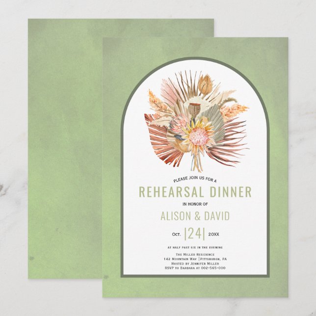 Pampas grass and palm sage green rehearsal dinner invitation (Front/Back)