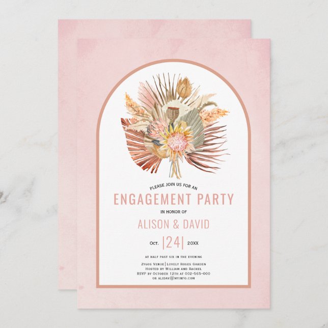 Pampas grass and palm soft pink engagement party invitation (Front/Back)