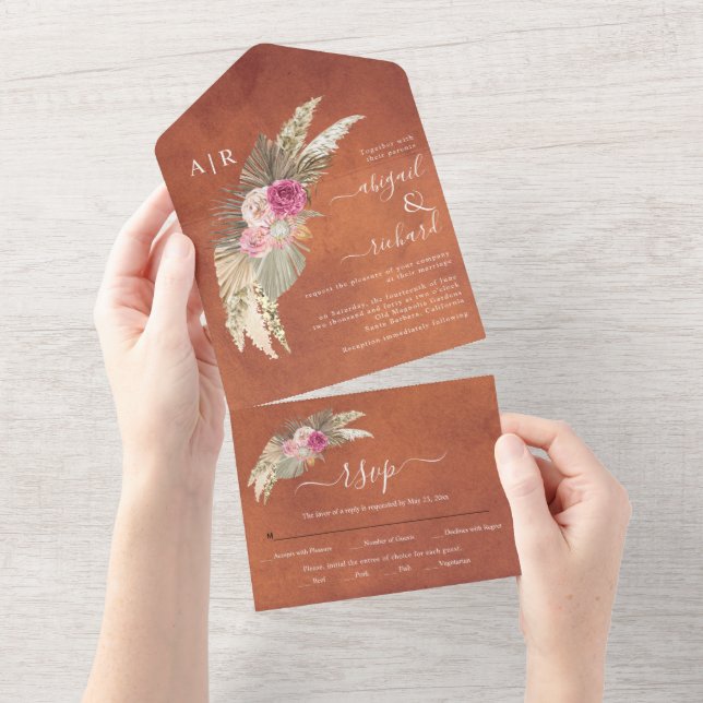 Pampas grass and palms stained terracotta wedding all in one invitation (Tearaway)