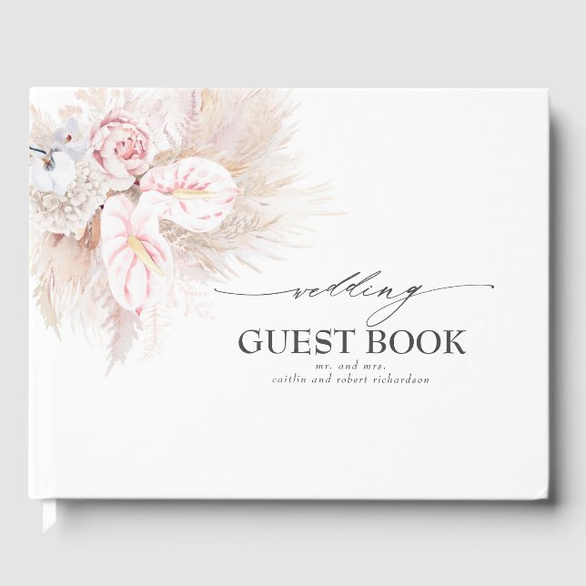 Pampas Grass and Pink Anthuriums Wedding Guest Book (Front)