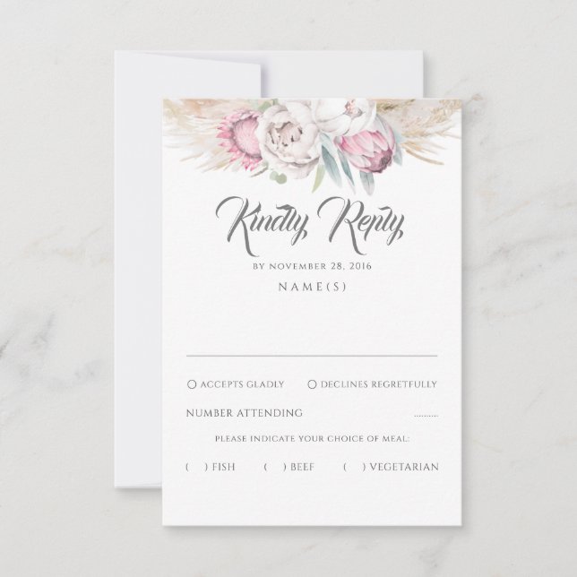 Pampas Grass and Pink King Protea Wedding RSVP Card (Front)