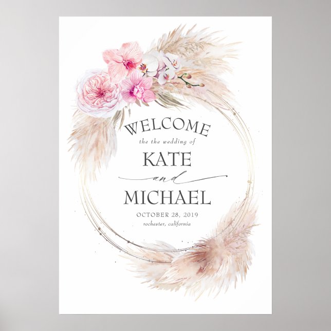 Pampas Grass and Pink Orchids Wedding Welcome Poster (Front)