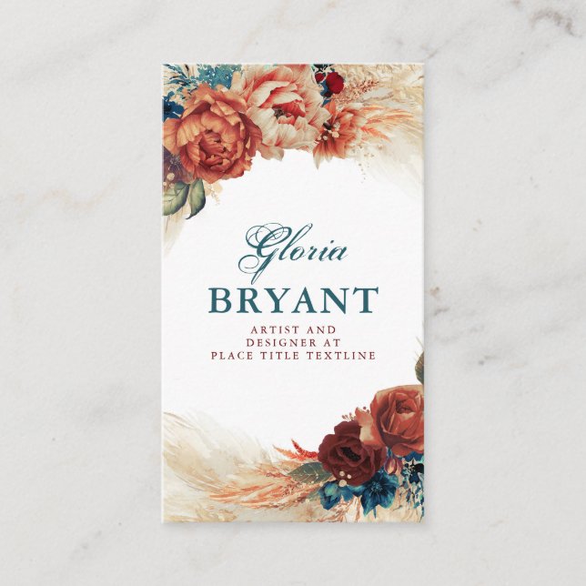 Pampas Grass and Rust Terracotta Flowers Botanical Business Card (Front)