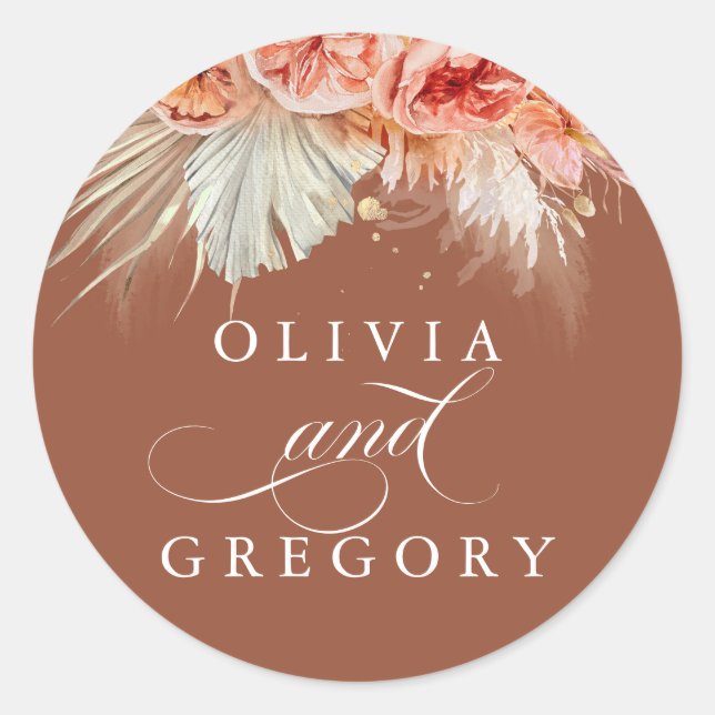 Pampas Grass and Rust Terracotta Flowers Elegant Classic Round Sticker (Front)