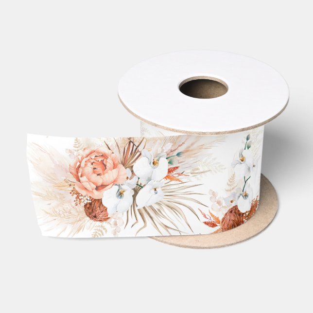 Pampas Grass and Terracotta Flowers Satin Ribbon (Spool)
