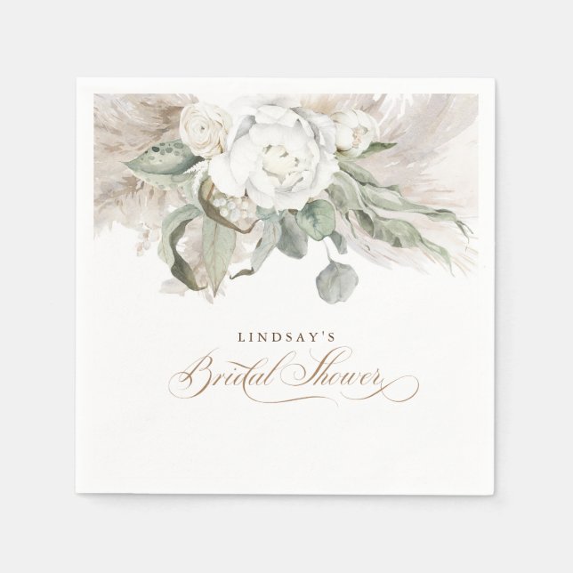 Pampas Grass and White Flowers Bridal Shower Napkin (Front)
