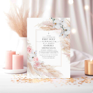 Pampas Grass and White Orchids First Communion Invitation