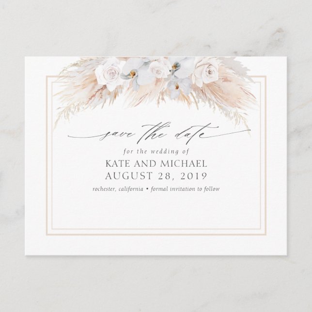 Pampas Grass and White Orchids Save the Date Postcard (Front)