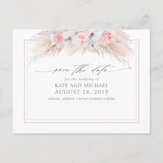 Pampas Grass and White Orchids Save the Date Postcard (Front)