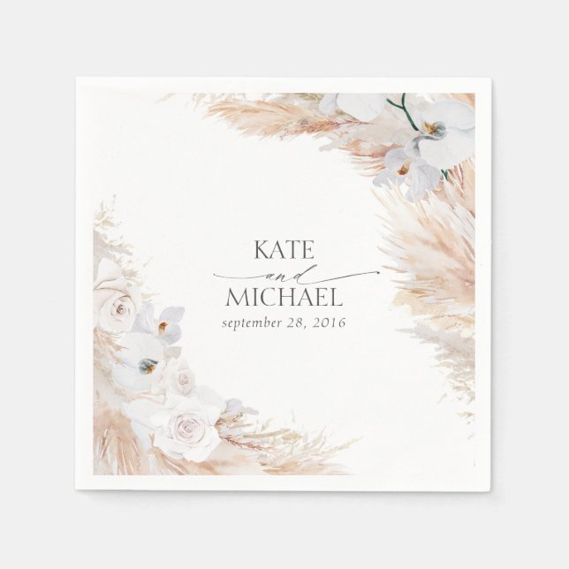 Pampas Grass and White Orchids Tropical Wedding Napkin (Front)