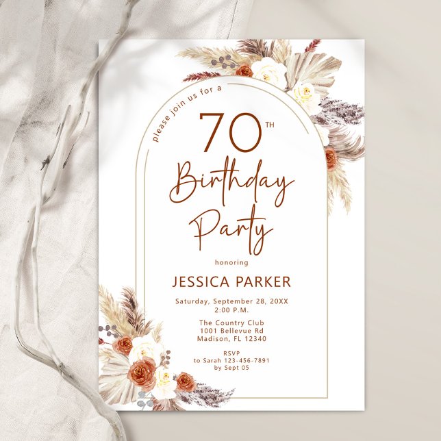 Pampas Grass Arch Terracotta Rustic 70th Birthday Invitation (Creator Uploaded)