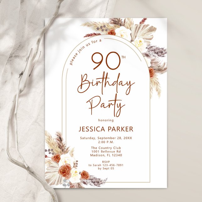 Pampas Grass Arch Terracotta Rustic 90th Birthday Invitation (Creator Uploaded)