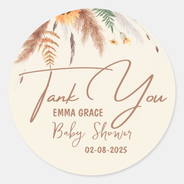 Pampas Grass Baby Shower Boho Spring Autum Fall Classic Round Sticker (Front)