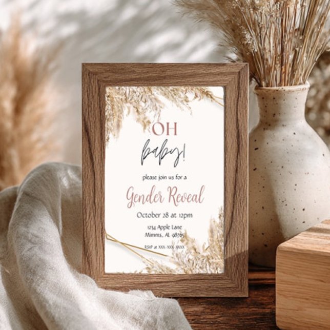 Pampas Grass Baby Shower Invitation | Neutral Boho (Elegant Boho Gender Reveal Invitation. Features soft pampas grass and gold accents. Shop now!)