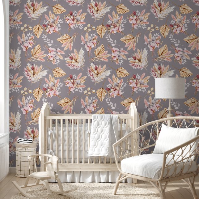 Pampas grass beige pink grey floral pattern wallpaper (Kids)