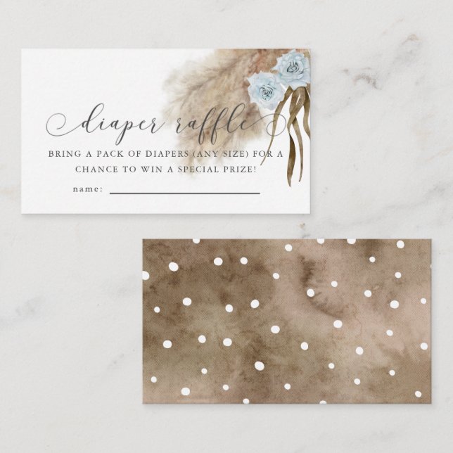 Pampas Grass Blue Baby Shower Diaper Raffle Ticket Enclosure Card (Front/Back)