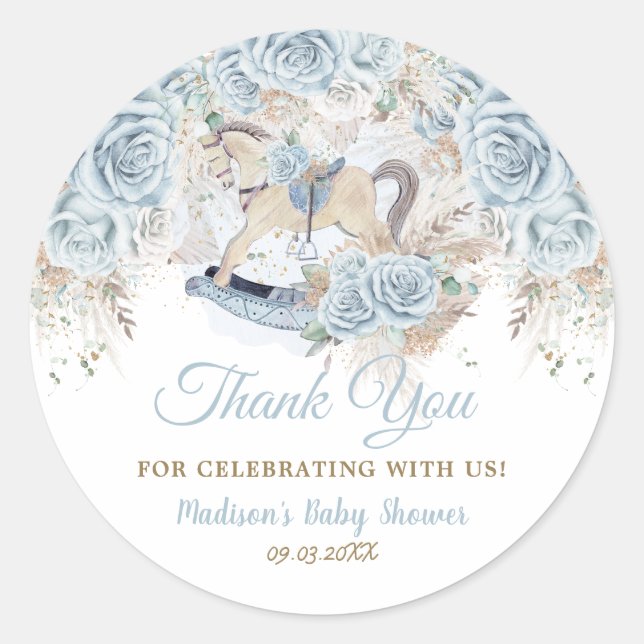 Pampas Grass Blue Floral Rocking Horse Baby Shower Classic Round Sticker (Front)