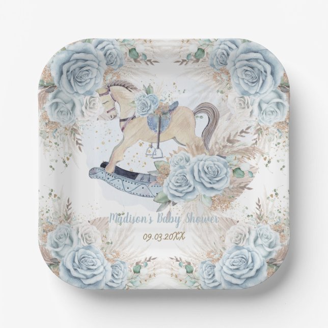 Pampas Grass Blue Floral Rocking Horse Baby Shower Paper Plate (Front)