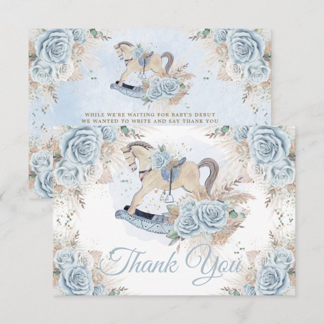Pampas Grass Blue Floral Rocking Horse Baby Shower Thank You Card (Front/Back)