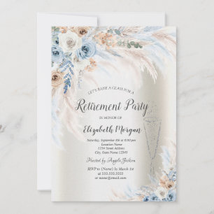 Pampas Grass Blue Roses Glass Ivory Retirement Invitation