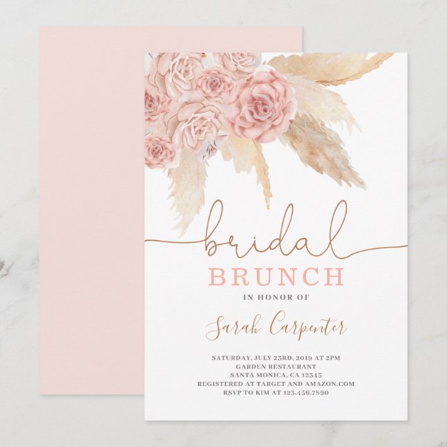 Pampas Grass blush Bridal Shower brunch invitation (Front/Back)